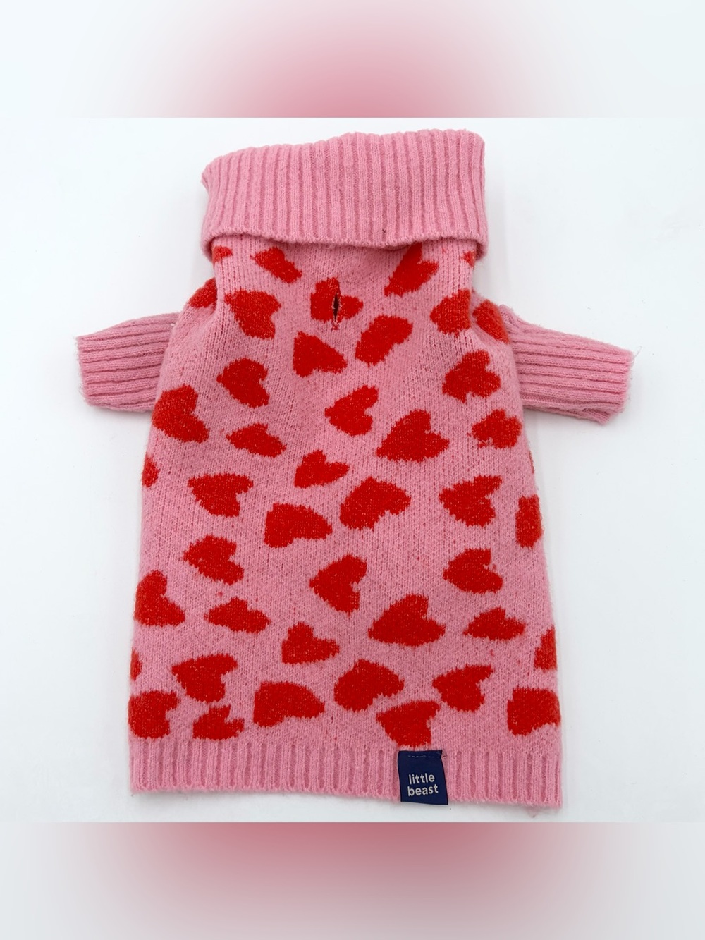 Little Beast The Love Dog Sweater Pink with Red Hearts and Sleeves Size S
